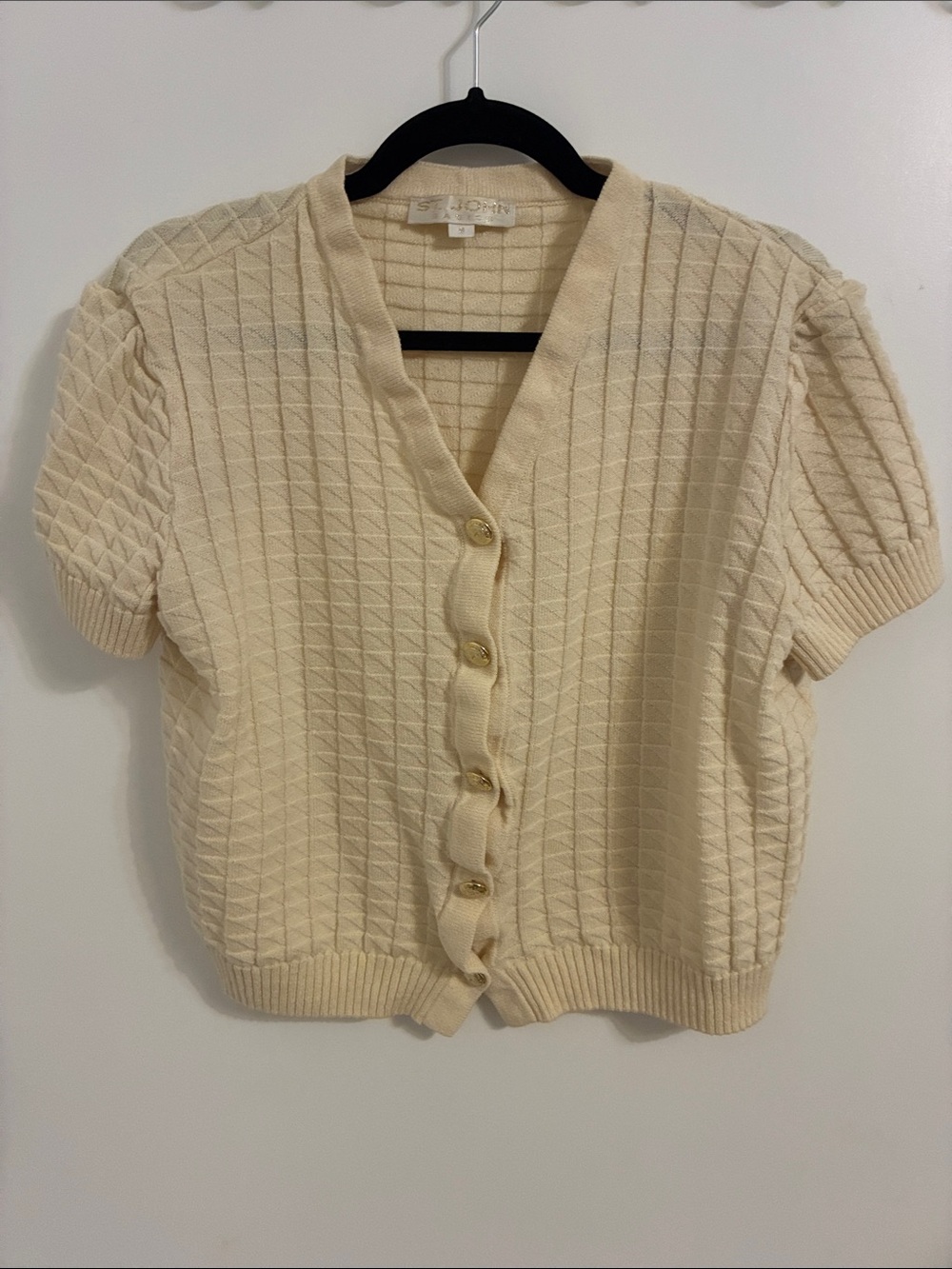 St. John Basic Vintage Cream Textured Short-Sleeve Knit Cardigan